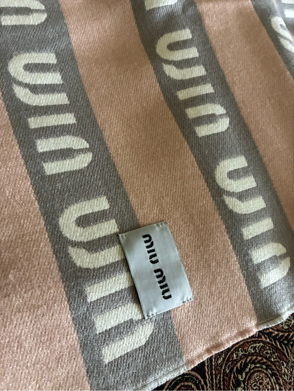 Miu Miu Blush Pink and Ivory Logo Stripe Scarf